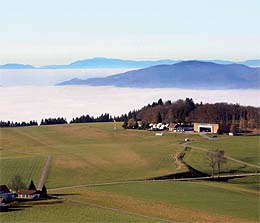 Vom Segelfluggelände Hütten/Hotzenwald geht der Blick nach Westen zu den vogesen. In den Tallagen dichter Nebel.